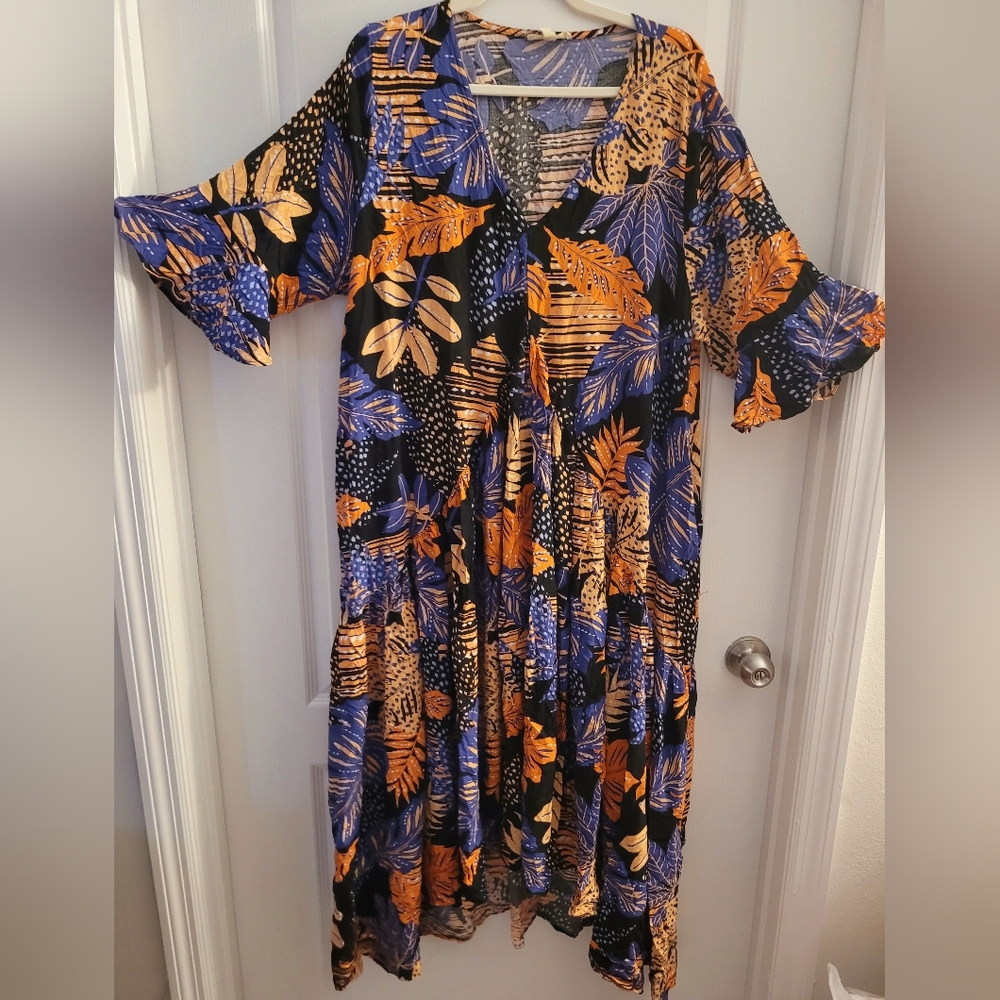 Loralette Blue and Orange Ruffled Wrap Maxi Dress